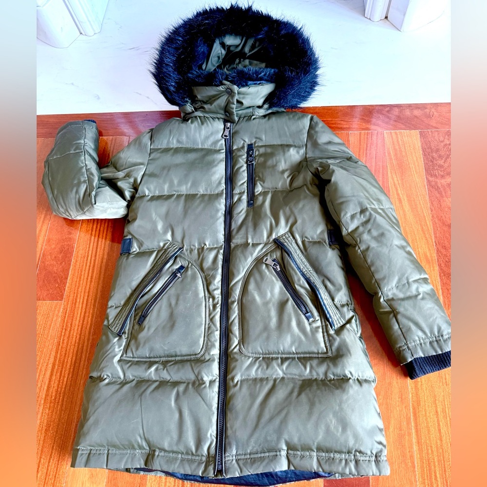 Vince Camuto Puffer Coat Women Fur Mid-Length Fitted Olive Down Hooded Jacket